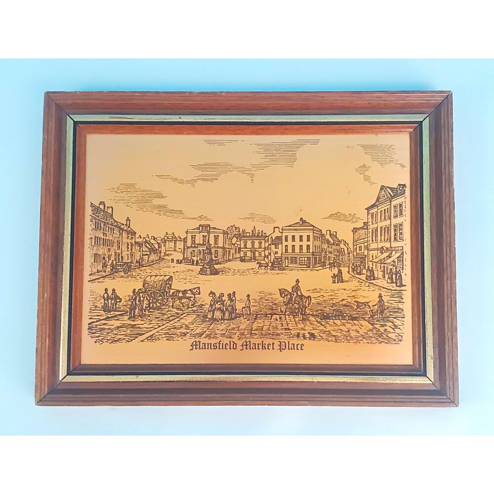 Vintage Coppercraft Copper Etching Mansfield Market Place Framed Wall Plaque UK